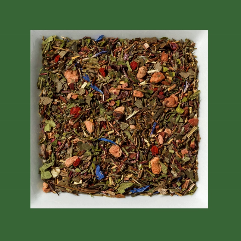 Hanf-Erdbeere-Chili. Natürlich aromatisierte grüne Rooibusch-Tee-/ Früchtemischung.