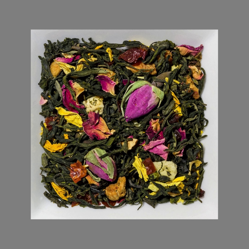 Sahne-Pfirsich-Rose. Natürlich aromatisierte Grüntee-/ Früchtemischung