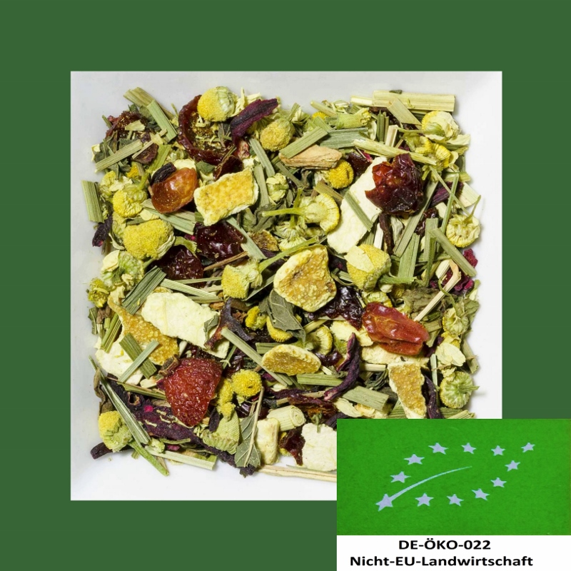 Vanille-Orange-Kamille Biotee DE-ÖKO-022. Natürlich aromatisierte Kräuter-/Früchteteemischung