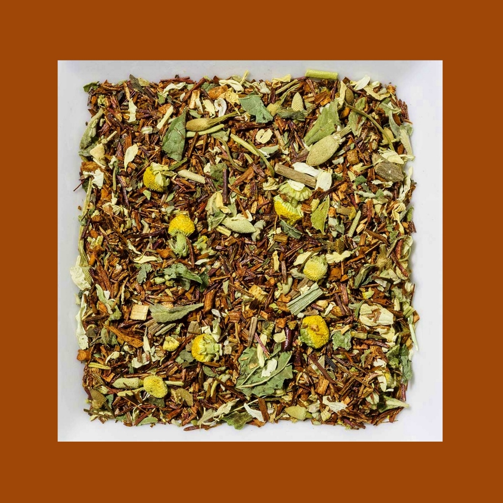 Rooibusch Damianablätter/ Baldrian/Melisse/Kamille. Natürlich aromatisierte Rooibusch-Tee-/Kräutermischung
